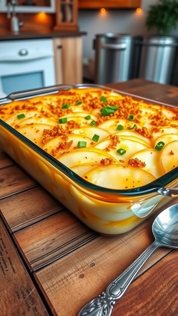 A delicious cheesy potato casserole with a golden crust, served in a glass dish with breadcrumbs and green onions on top.
